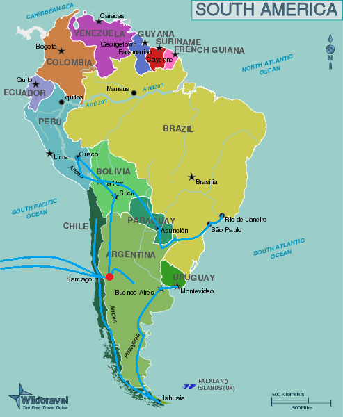Notre trajet en bleu, de Buenos Aires à Rio en passant par l'île de Pâques. Mendoza est en rouge.